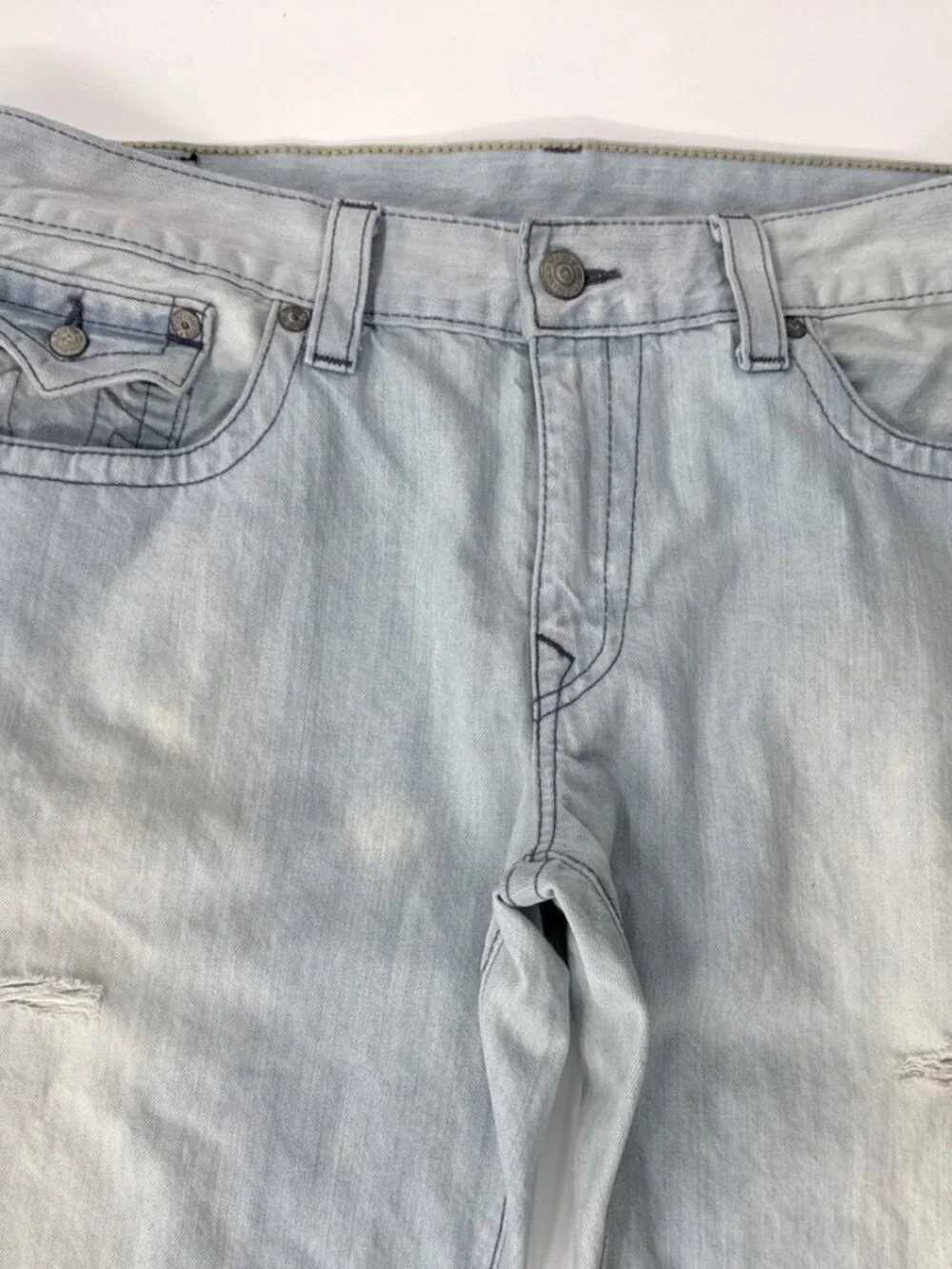 True Religion Jeans Mens 38x34 Ricky Light Blue Denim Distressed Flap Pockets